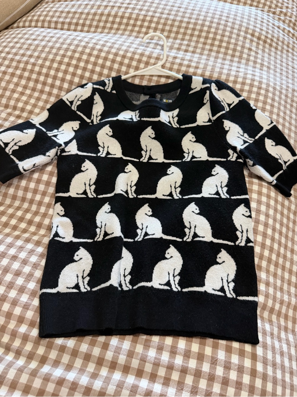 Anthropologie Black & White Cat Pattern Short-Sleeve Sweater